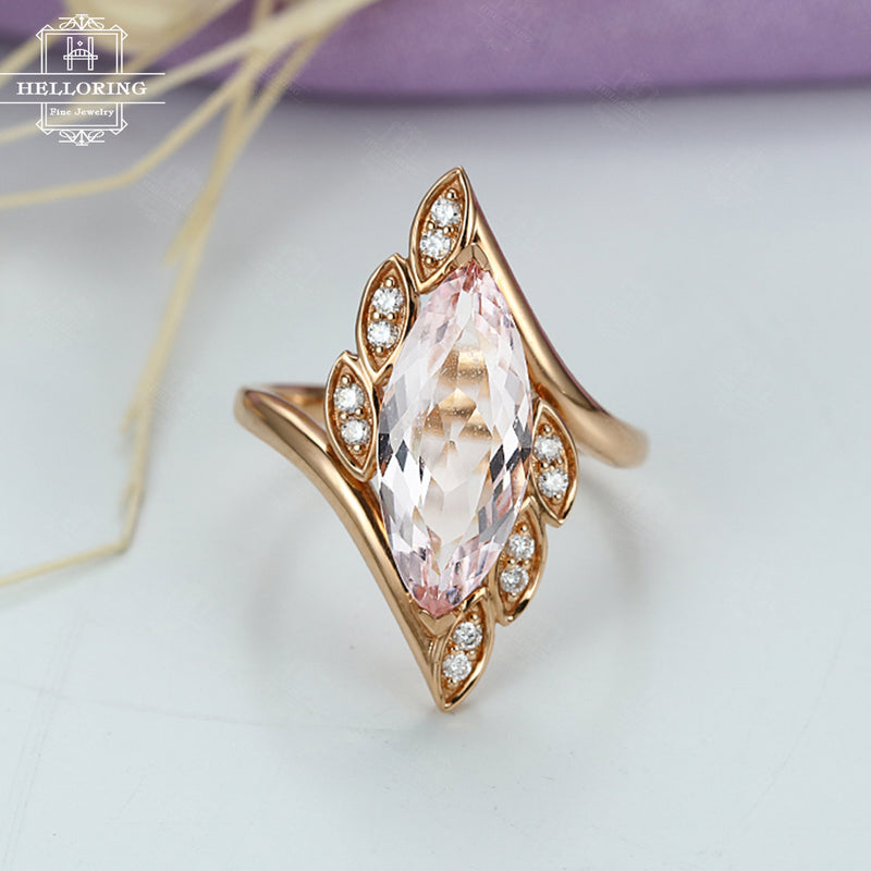 Morganite engagement ring Rose gold Vintage Marquise cut Gift for Women Diamond Leaf Antique Unique Jewelry Twisted Anniversary Alternative