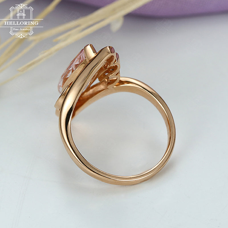 Morganite engagement ring Rose gold Vintage Marquise cut Gift for Women Diamond Leaf Antique Unique Jewelry Twisted Anniversary Alternative