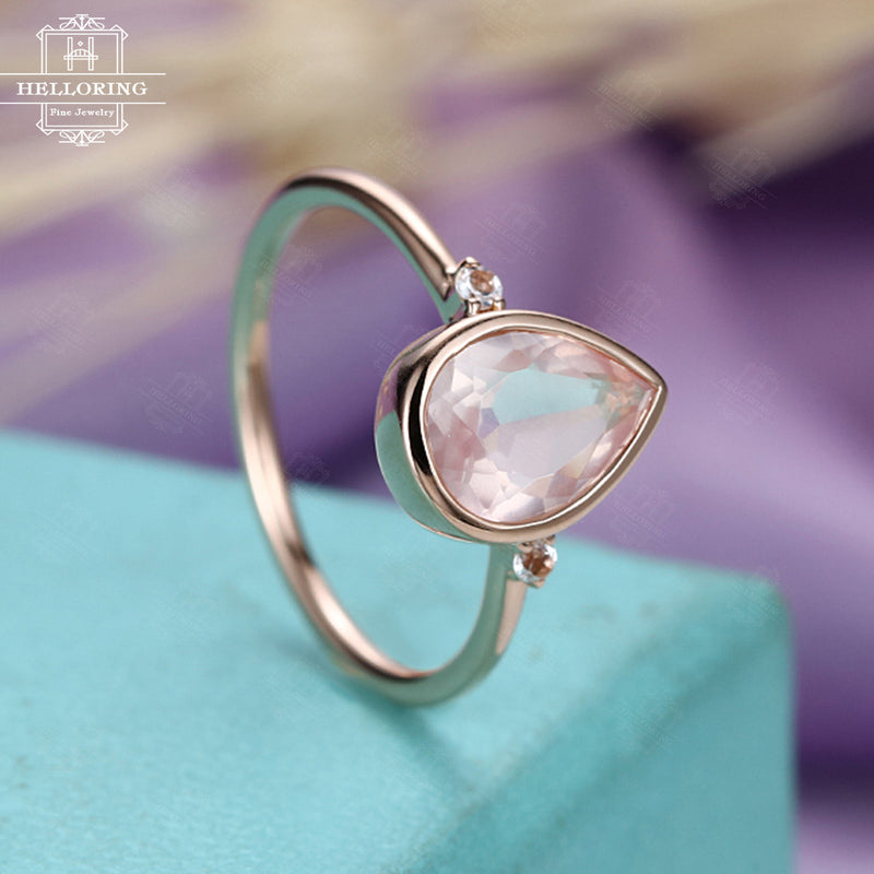 Rose quartz engagement ring Rose gold engagement ring Women Wedding Pear shaped London blue topaz Bridal Jewelry Anniversary gift for her