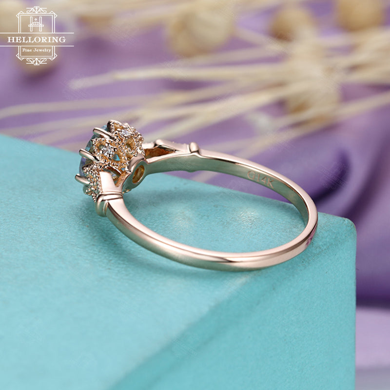 Aquamarine engagement ring rose gold Art deco engagement ring Vintage Antique diamond wedding Flower Bridal Jewelry Christmas Gift for women