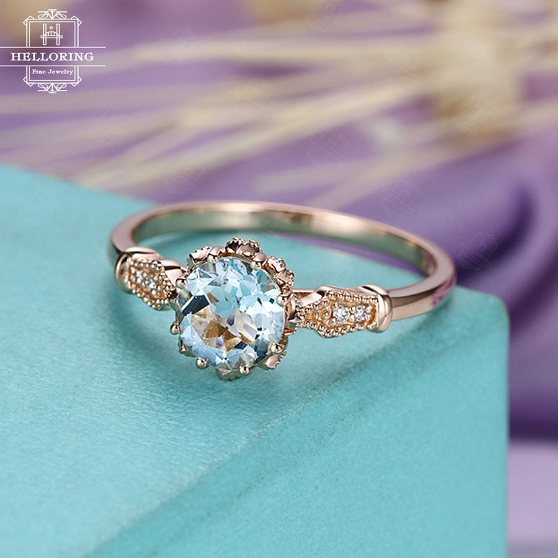 Aquamarine engagement ring rose gold Art deco engagement ring Vintage Antique diamond wedding Flower Bridal Jewelry Christmas Gift for women