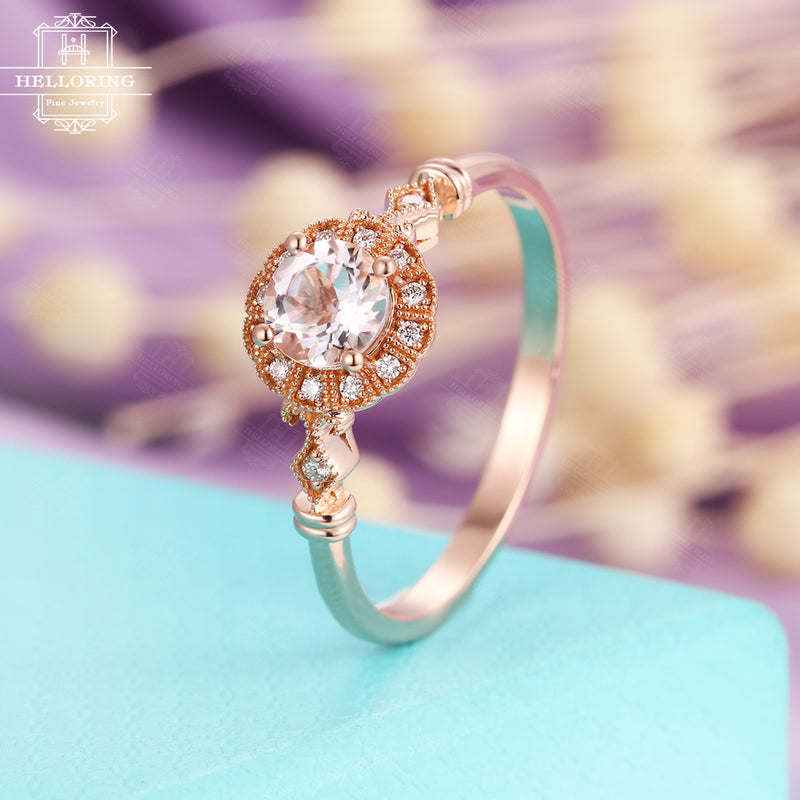 Morganite Engagement Ring, Round ,Vintage Rose Gold diamond wedding ring, Women Flower, milgrain, Art deco Jewelry Anniversary gift