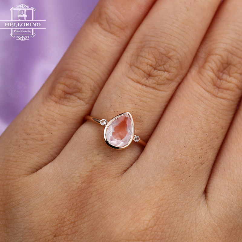 Rose quartz engagement ring Rose gold engagement ring Women Wedding Pear shaped London blue topaz Bridal Jewelry Anniversary gift for her