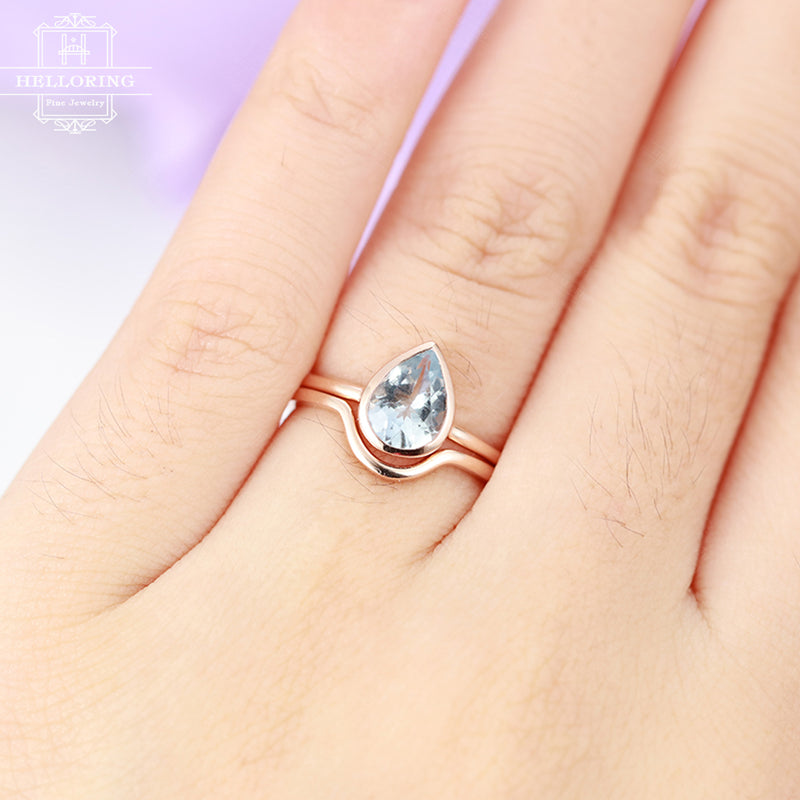 Aquamarine engagement ring Rose gold Curved wedding band Women Pear Shaped Bridal jewelry Simple Plain gold ring Anniversary gift for her