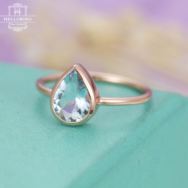 Minimalist Pear shaped engagement ring Simple Aquamarine engagement ring bezel set 14K Gold Thin Dainty Petite Delicate Promise Anniversary