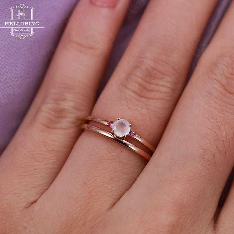 Moonstone engagement ring set Rose gold Women Delicate Wedding band Plain gold ring Pink Sapphire Minimalist Promise Unique Gift for her
