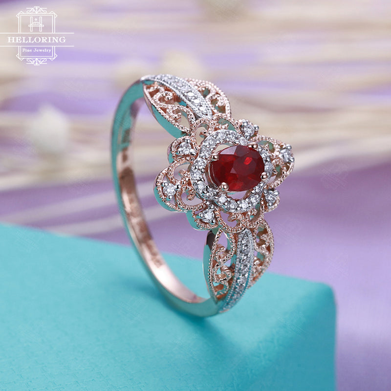 Art Deco Alternative Engagement Ring Vintage Two-tone Oval Ruby Wedding Antique cluster Unique Diamond Bridal Woman Anniversary gift