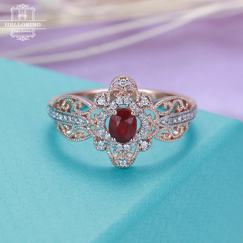 Art Deco Alternative Engagement Ring Vintage Two-tone Oval Ruby Wedding Antique cluster Unique Diamond Bridal Woman Anniversary gift