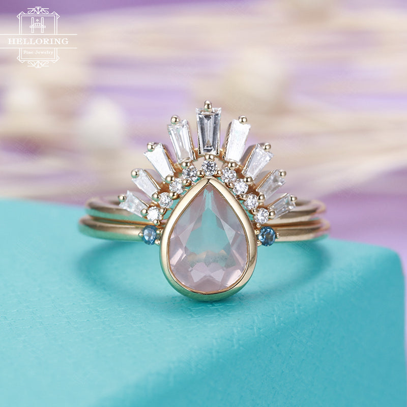 Vintage engagement ring set Women Curved wedding band Pear shaped Rose quartz Diamond Topaz Baguette cut Unique Anniversary gift for her