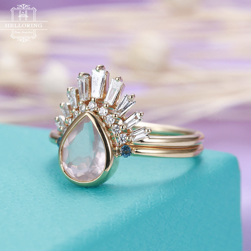 Vintage engagement ring set Women Curved wedding band Pear shaped Rose quartz Diamond Topaz Baguette cut Unique Anniversary gift for her