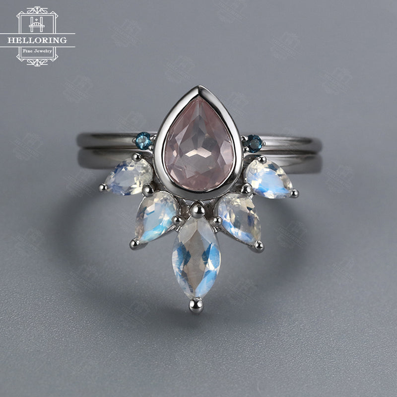 Rose quartz engagement ring set Women Moonstone wedding band Rose gold London Blue Topaz Jewelry Pear shaped Marquise cut ring Gift for her