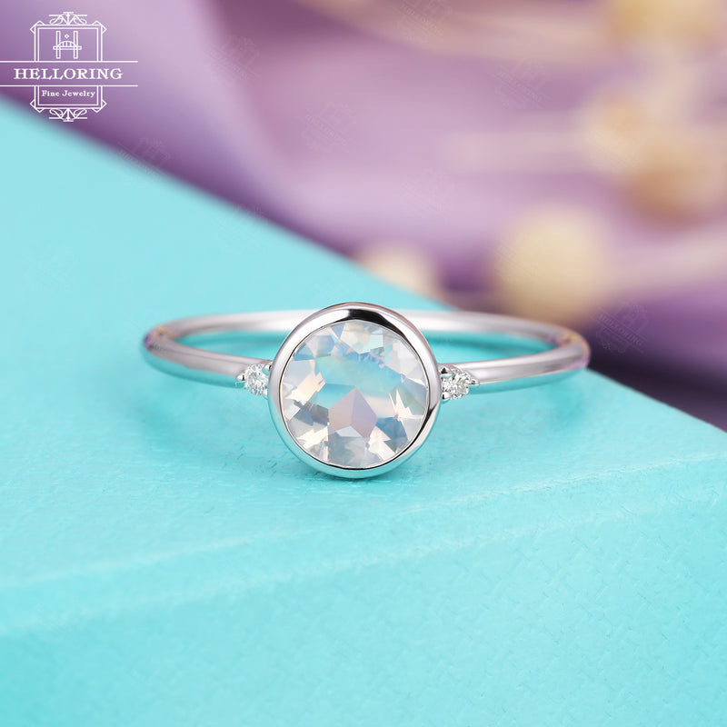 Minimalist engagement ring rose gold Blue Moonstone simple Rose engagement ring bezel set Dainty Bridal Jewelry Birthstone Anniversary gift