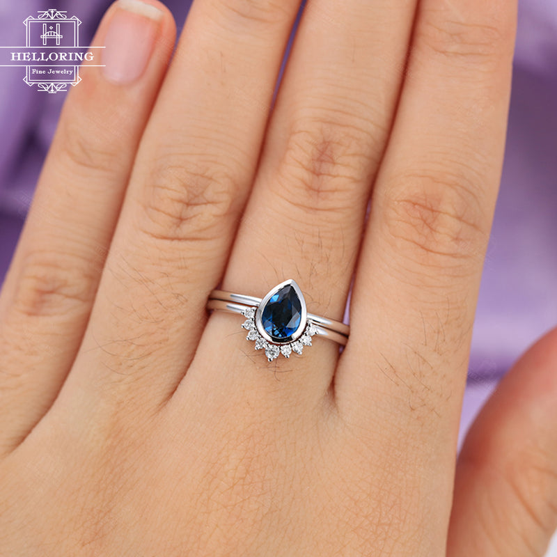 Sapphire Engagement Ring white Gold Vintage Diamond Wedding bands women Bridal set jewelry Simple Pear Shaped Cut Delicate Stacking Drop