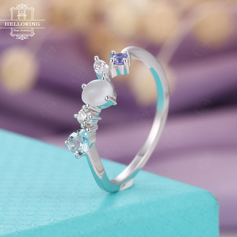 Moonstone Engagement ring white gold Diamond Cluster Ring Tanzanite Aquamarine Wedding Pristine Promise Birthstone Vintage Anniversary gifts