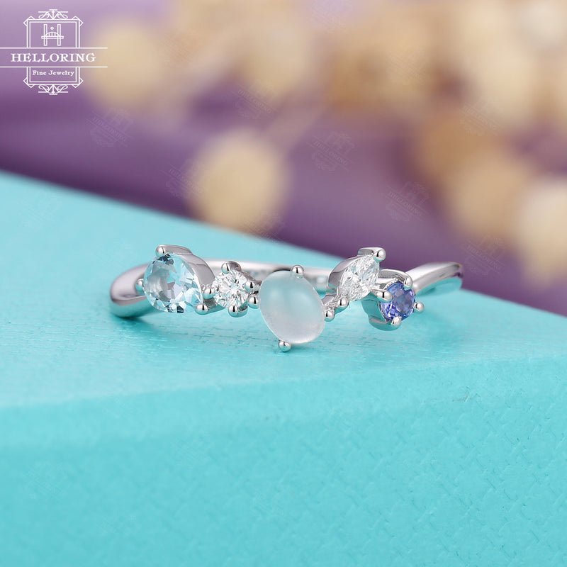 Moonstone Engagement ring white gold Diamond Cluster Ring Tanzanite Aquamarine Wedding Pristine Promise Birthstone Vintage Anniversary gifts