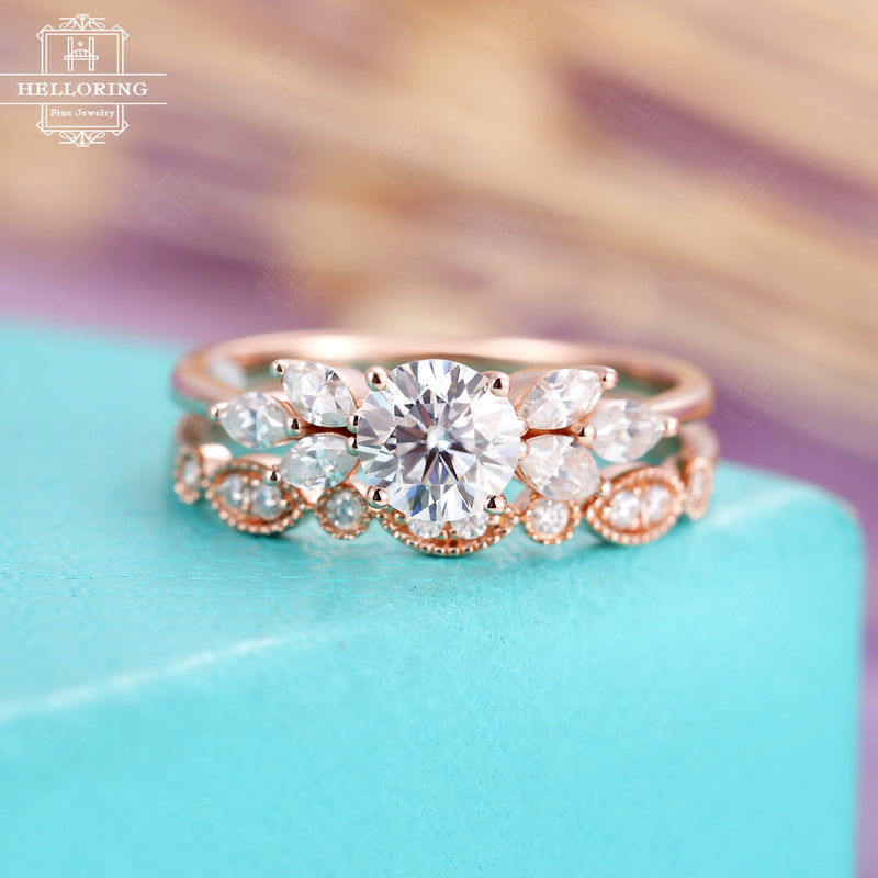 Vintage moissanite engagement ring set rose gold,delicate diamond wedding band women,unique Marquise diamond ring,Anniversary gifts for her