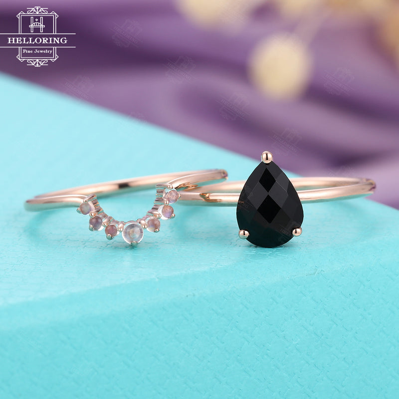 Unique Pear shaped black Onyx engagement ring for women moonstone wedding ring Anniversary gifts for her Vintage Promise jewelry prone set