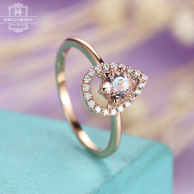 Morganite engagement ring Rose gold Halo set Diamond Unique Delicate Bridal Jewelry Anniversary gift for her Promise Prong set Alternative