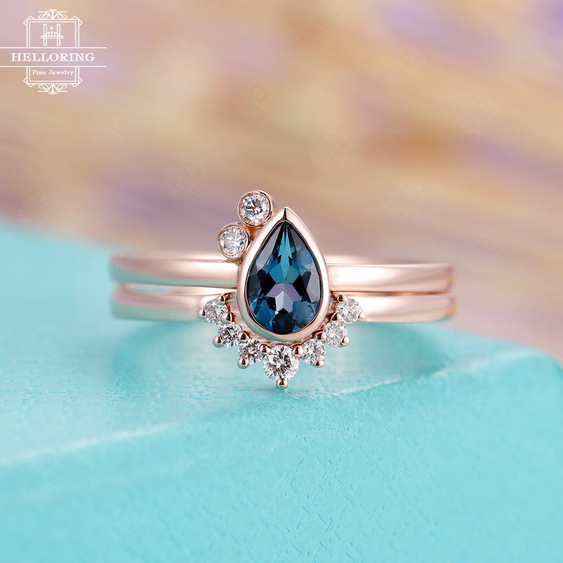 London blue topaz engagement ring Rose gold Diamond wedding band Women Pear shaped Curved Vintage Unique Bridal set Jewelry Anniversary gift