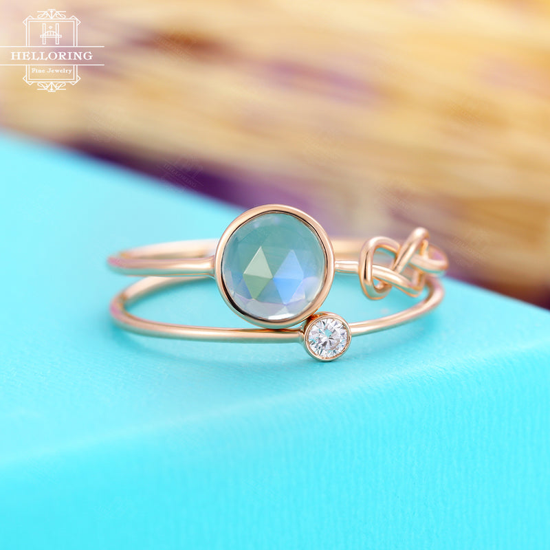 Unique Engagement Ring set Rose Gold Moonstone Wedding Women Bridal Jewelry Love knot Stacking simple Delicate Diamond ring anniversary gift