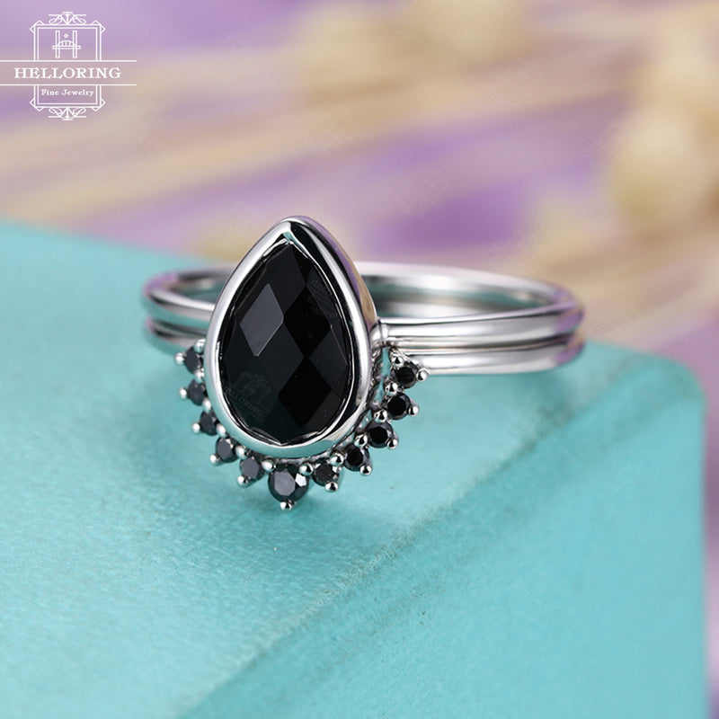 Pear shaped Black Onyx engagement ring Black Diamond Curved Wedding band Matching Stacking Bridal Jewelry Anniversary gift for her Bezel set