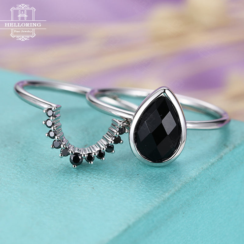 Pear shaped Black Onyx engagement ring Black Diamond Curved Wedding band Matching Stacking Bridal Jewelry Anniversary gift for her Bezel set