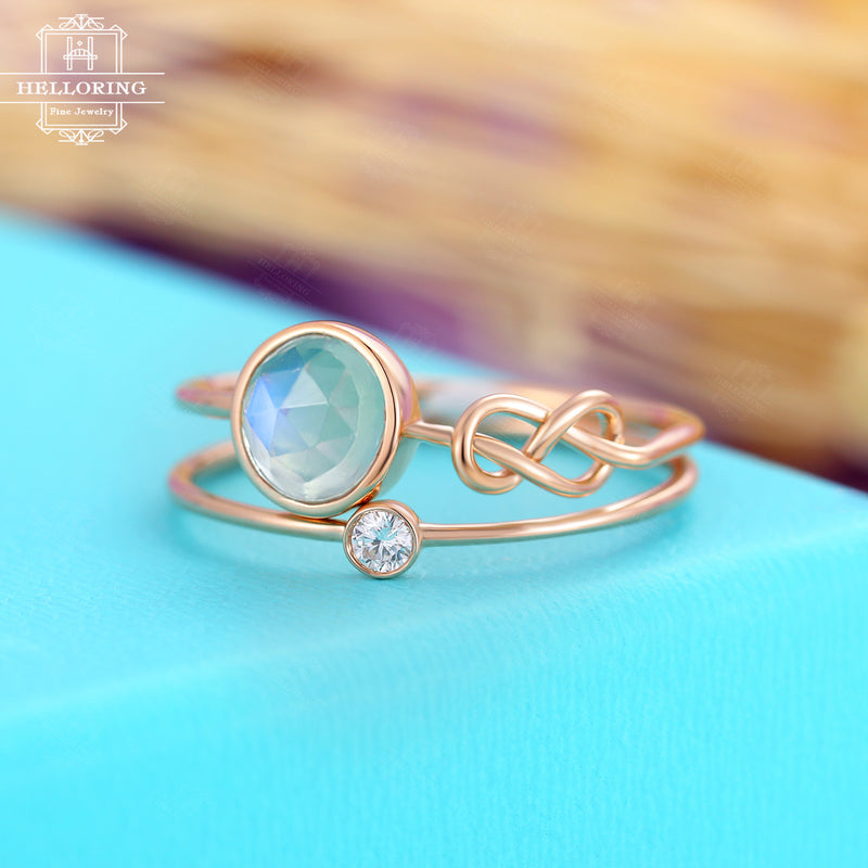 Unique Engagement Ring set Rose Gold Moonstone Wedding Women Bridal Jewelry Love knot Stacking simple Delicate Diamond ring anniversary gift