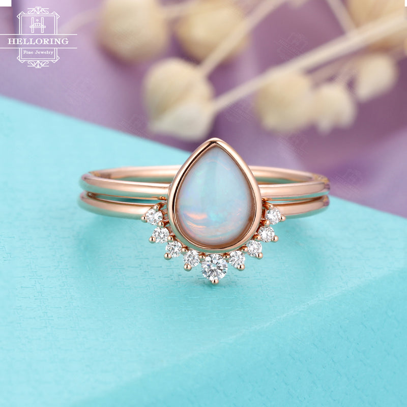 Opal engagement ring Rose gold Diamond wedding band Women Pear shaped cut Unique Curved Chevron Bridal set Jewelry Anniversary gift for her