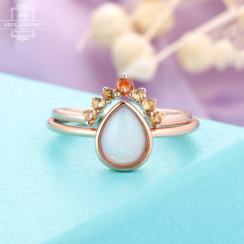 Unique engagement ring set rose gold, Pear shaped Opal wedding ring women, Orange Sapphire matching band, Promise Anniversary gifts for her