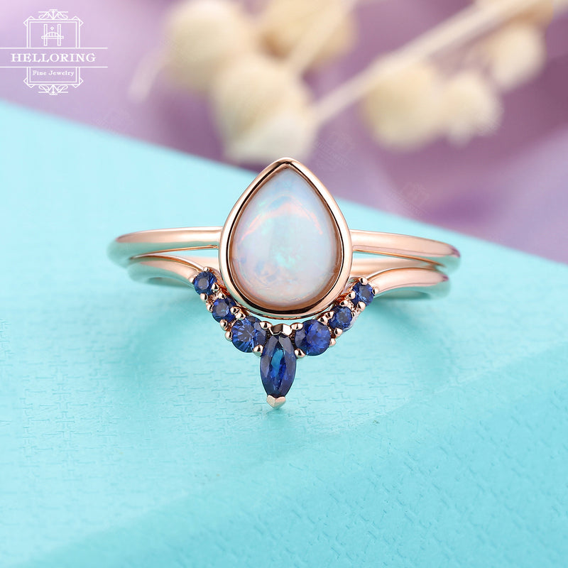 Engagement ring set rose gold women, Pear shaped Opal Marquise cut Sapphire, Unique wedding ring for her, Anniversary gifts for her Promise