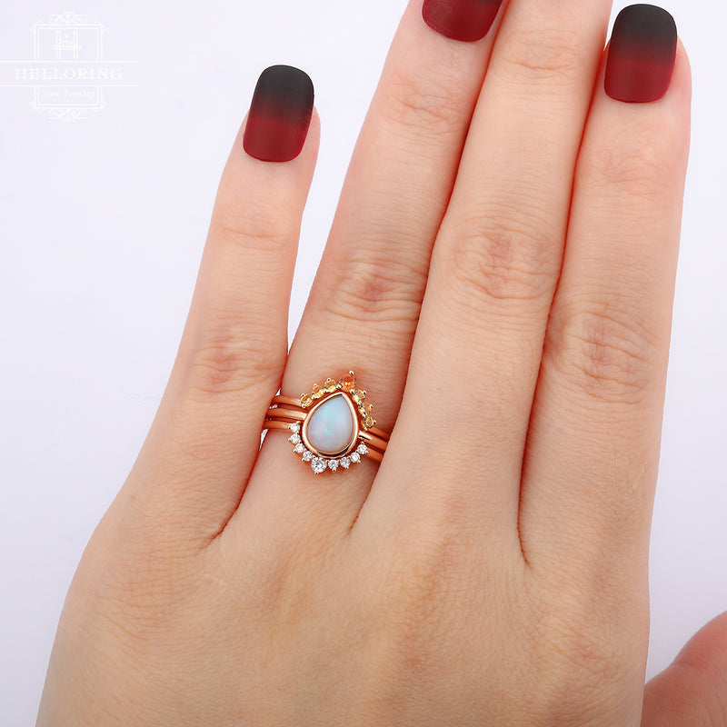 Unique engagement ring set rose gold, Pear shaped Opal wedding ring women, Orange Sapphire matching band, Promise Anniversary gifts for her