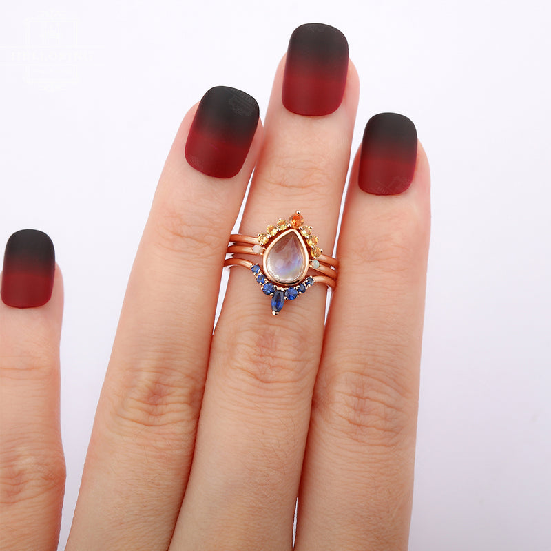 Opal engagement ring set women,Pear shaped wedding ring rose gold,Orange Sapphire Marquise cut Blue Sapphire ring,Anniversary gifts for her