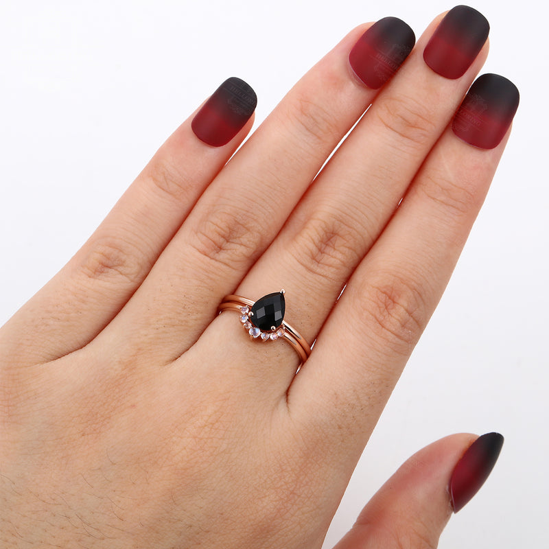 Unique Pear shaped black Onyx engagement ring for women moonstone wedding ring Anniversary gifts for her Vintage Promise jewelry prone set