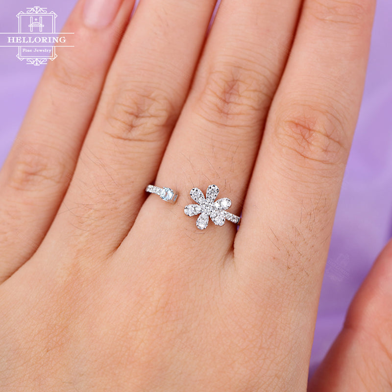 Diamond ring Aquamarine ring Gift for women Unique Open engagement wedding Dainty Delicate Halo set Birthstone Matching Anniversary promise
