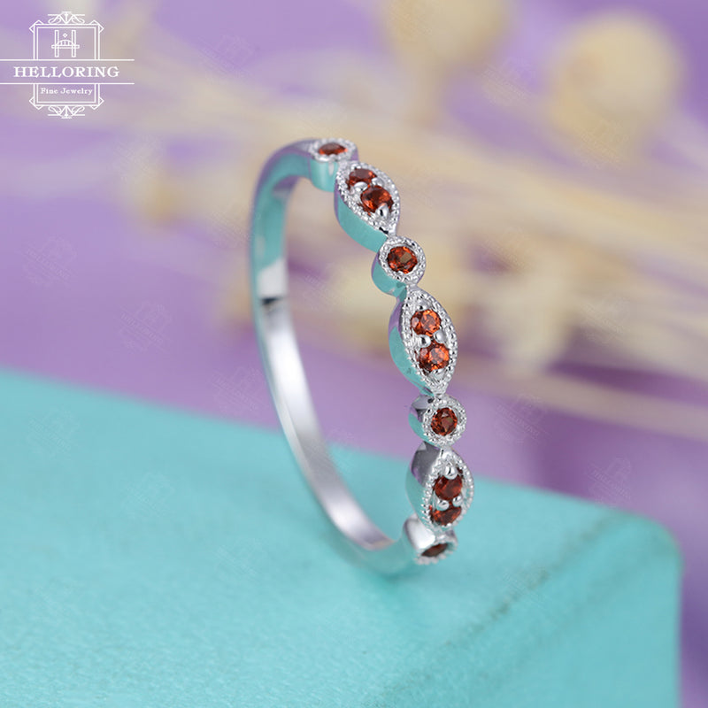 Garnet wedding band Vintage wedding band Women Milgrain Matching Stacking Delicate Dainty Bridal Jewelry Anniversary gift for her Promise