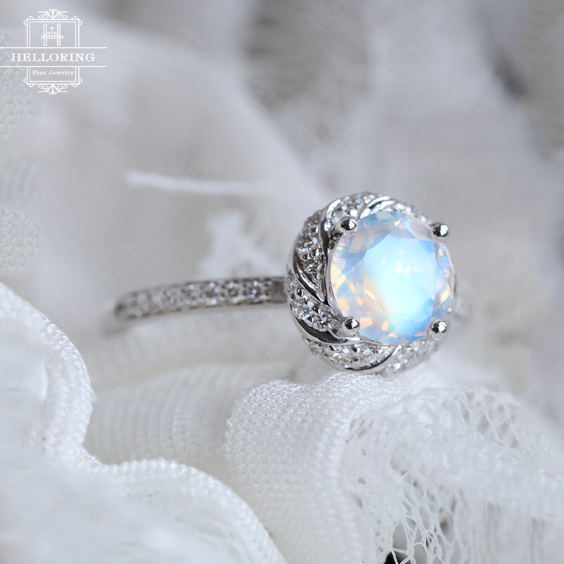Moonstone engagement ring White gold Halo Vintage engagement ring Wedding Women Unique Flower Diamond Bridal Floral Anniversary gift for her