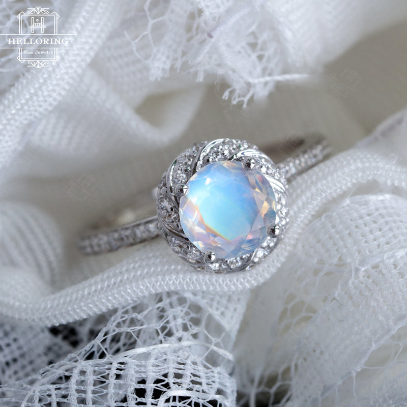Moonstone engagement ring White gold Halo Vintage engagement ring Wedding Women Unique Flower Diamond Bridal Floral Anniversary gift for her