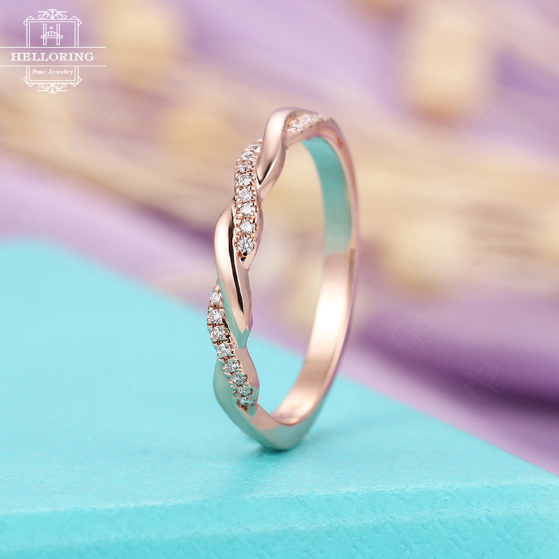 Diamond Anniversary Wedding band for her Rose gold half eternity ring for women Twisted band Vintage Infinity Simple Promise jewelry