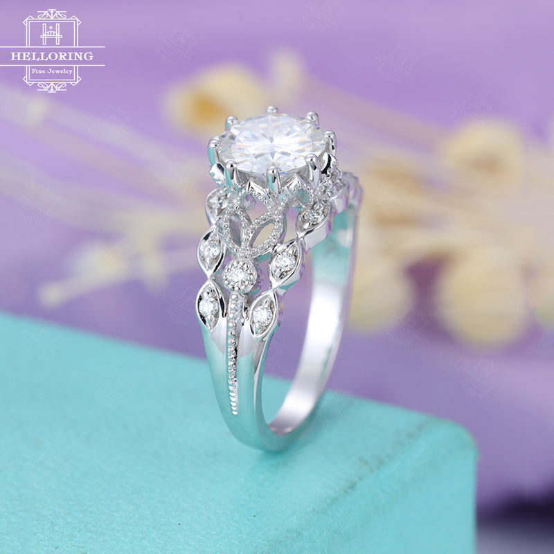 Moissanite engagement ring Unique engagement ring Women Vintage Antique Art Deco Diamond Wedding Milgrain Bridal jewelry Anniversary gift