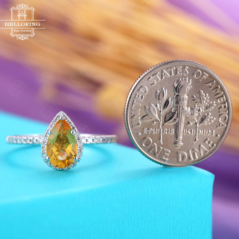 Citrine engagement ring Pear shaped engagement ring for Women Halo Diamond Micro pave Half eternity Promise Unique Anniversary gift for her