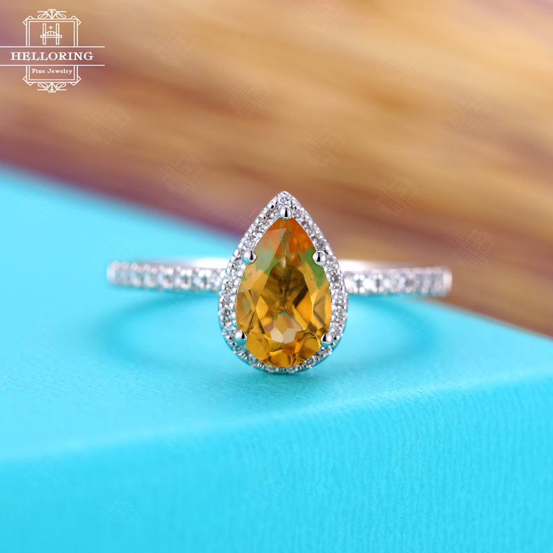 Citrine engagement ring Pear shaped engagement ring for Women Halo Diamond Micro pave Half eternity Promise Unique Anniversary gift for her