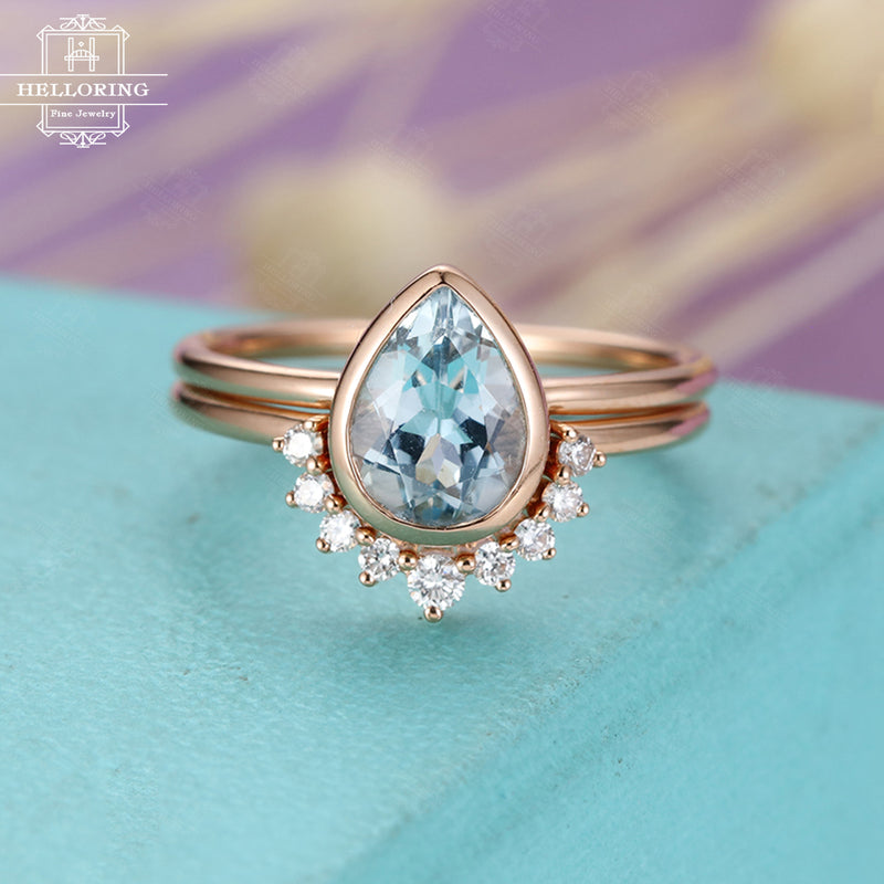 2PCS Aquamarine Engagement Ring set Vintage Diamond Wedding women Rose gold Bridal jewelry Simple Pear Shaped Cut Stacking Christmas gift
