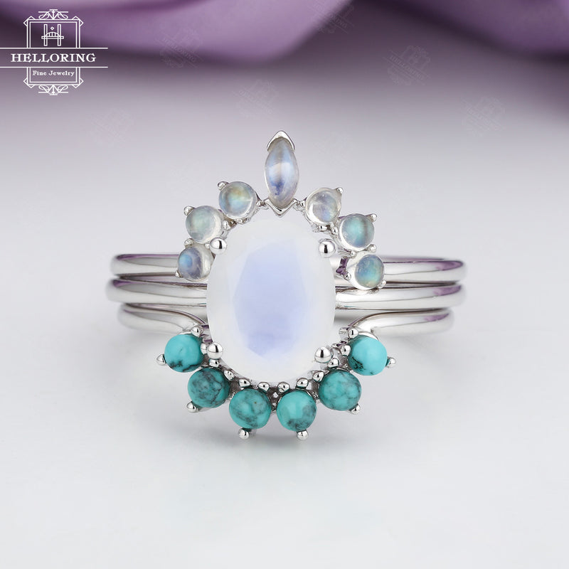Oval engagement ring set white gold,Milky blue moonstone wedding ring women,Marquise cut matching band,Curved Turquoise promise ring for her