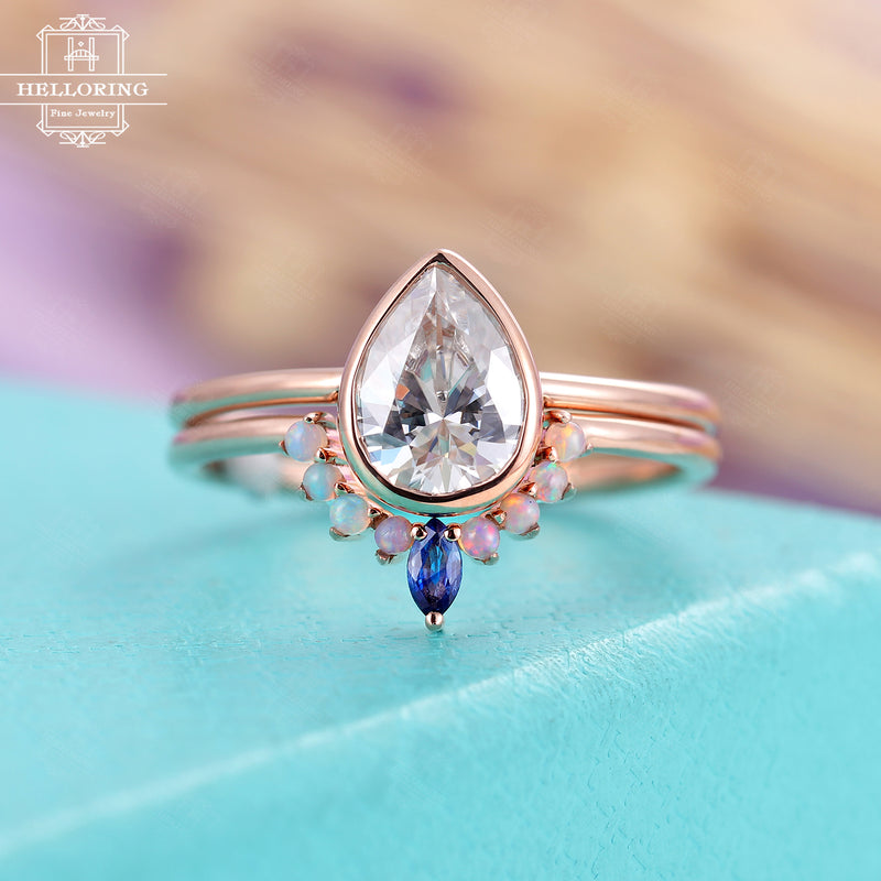 Vintage Moissanite Engagement ring set,Pear shaped ring rose gold, Opal, Marquise cut, sapphire wedding band,