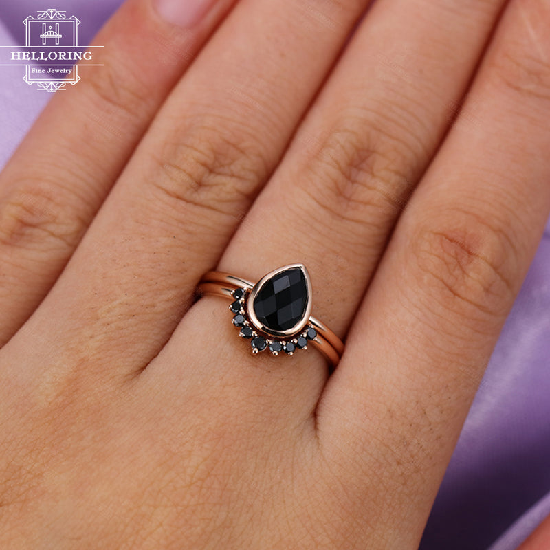Unique engagement ring women black diamond,Pear shaped black Onyx wedding ring,Anniversary gifts for her,Vintage Promise jewelry,Bezel set