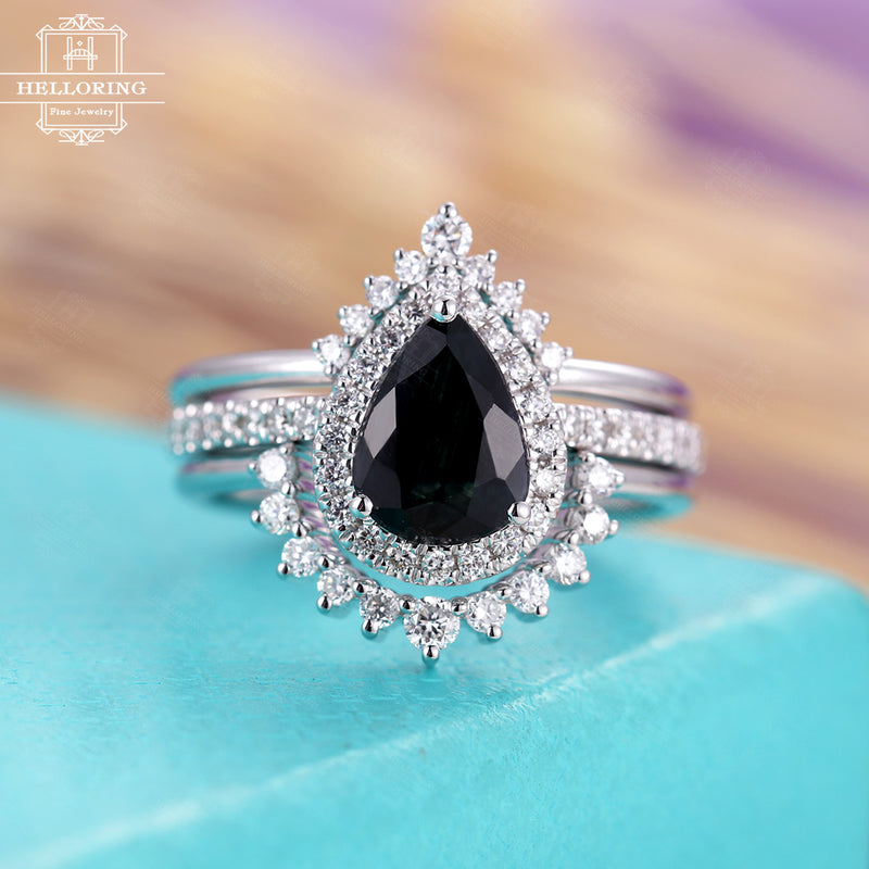 Vintage engagement ring set White gold Women 14k Pear shaped Black Onyx Halo Diamond Curved Wedding band Anniversary gifts for her