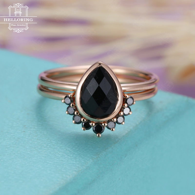 Unique engagement ring women black diamond,Pear shaped black Onyx wedding ring,Anniversary gifts for her,Vintage Promise jewelry,Bezel set