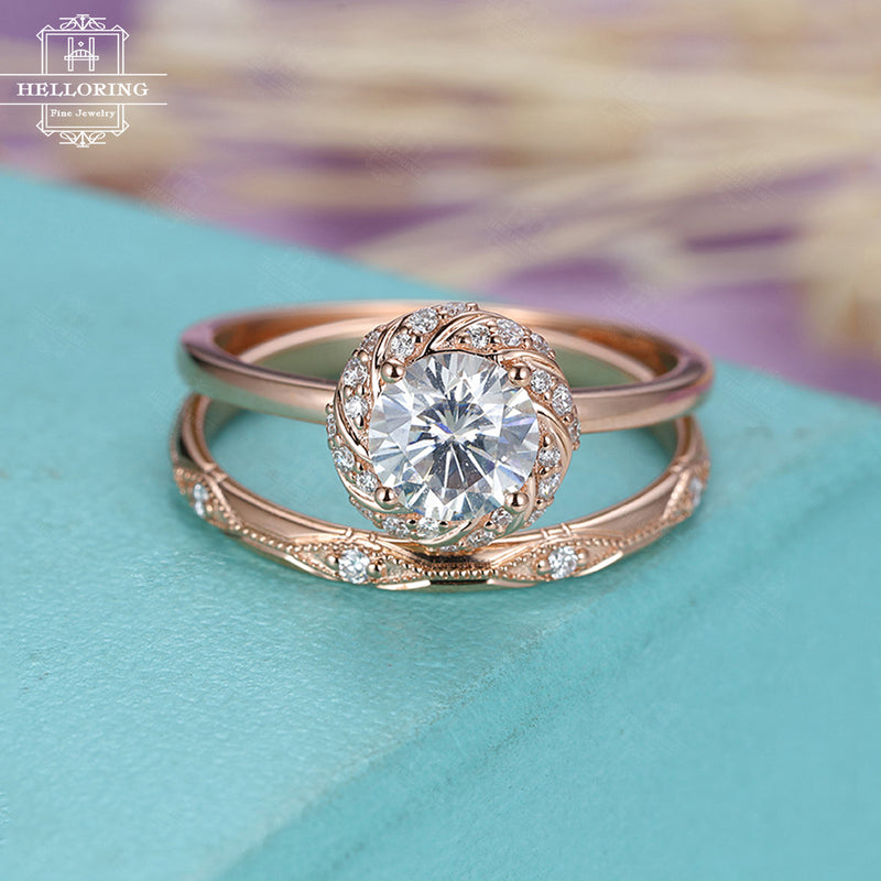 Rose gold engagement ring set women,Vintage Moissanite wedding ring art deco,Antique Half eternity diamond Milgrain,Anniversary gift for her