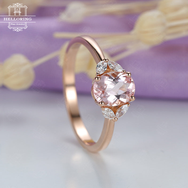 Oval Morganite engagement ring Rose gold Marquise cut Diamond Women Wedding Bridal ring Jewelry Anniversary Gift for her Unique Five stones