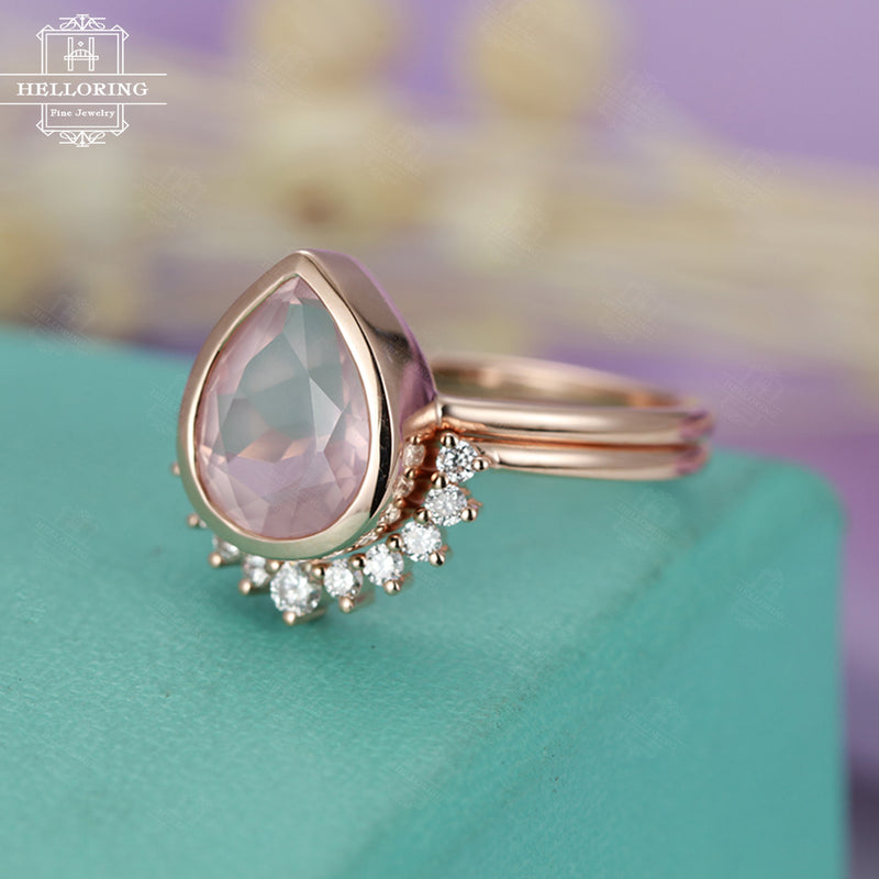 Rose Quartz Engagement Ring Rose Gold engagement ring Vintage Diamond Wedding ring set Women Bridal jewelry Pear Shaped Cut Stacking Promise